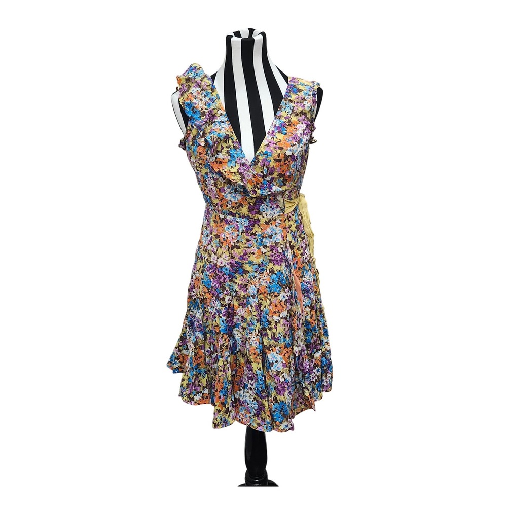 Ark & Co Floral Wrap Dress Size M Multicolor Ruffle Sleeveless Fit & Flare Lined